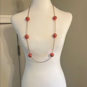 J.Crew Coral Pink Orb Station Necklace Gold Tone Long Chain Statement Jewelry